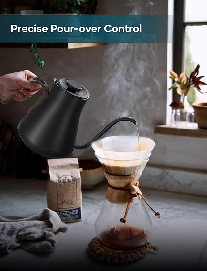 Gooseneck Electric Kettle with 짹1??Temperature Control for Pour Over Coffee & Tea, Quick Heating, BPA-Free Stainless Steel, Built-in Brew Timer, 1500W/0.9L (Rainforest)