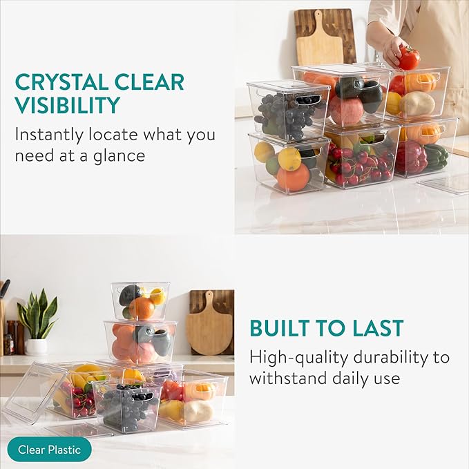 Navaris Fridge Storage Containers with Lids - Stackable Space-Saving Organizers - Large Capacity for Kitchen Pantry Organization - Set of 6 (1.7QT/3QT/4.9QT - 1.65L/2.85L/4.6L)