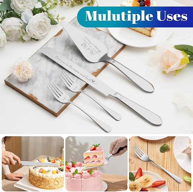 Cake Cutting Set for Wedding, Elegant Cake Knife and Server Set with Stainless Steel Forks, Cake Cutter and Pie Spatula for Engagements, Anniversary, Bride and Groom, 4 Pcs, Silver