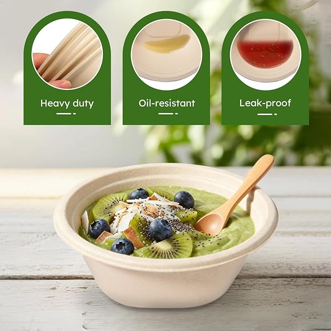 JYTIDYRA Paper Bowls, 32 Oz Disposable Bowls [100 Pack] Heavy Duty Compostable Deep Disposable Soup Bowls, Eco-friendly Biodegradable Bagasse Hot Cold Microwavable Bowls for Salad, Cereals, Dessert