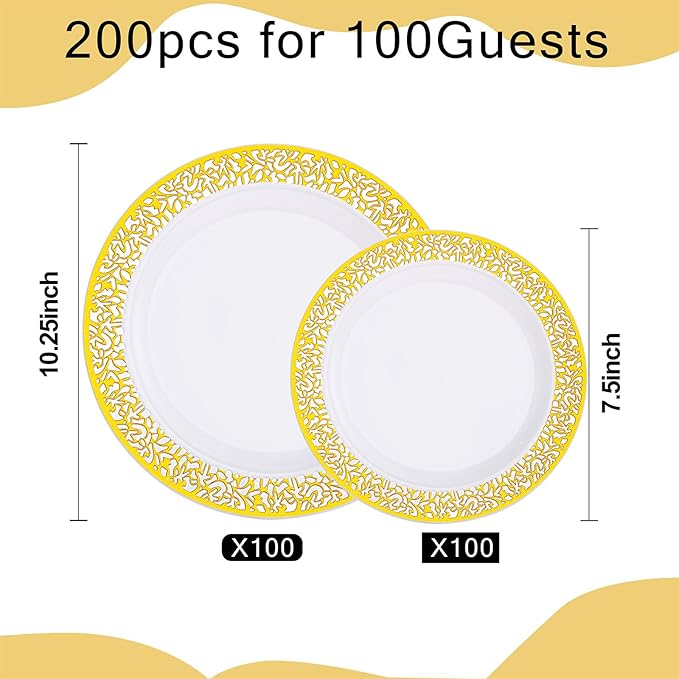 I00000 200 Pcs White and Gold Plastic Plates, Disposable Plastic Plates for 100 Guests Include: 100 Pcs Dinner Plate 10.25??and 100 Pcs Dessert Plate 7.5??Perfect for Party and Wedding