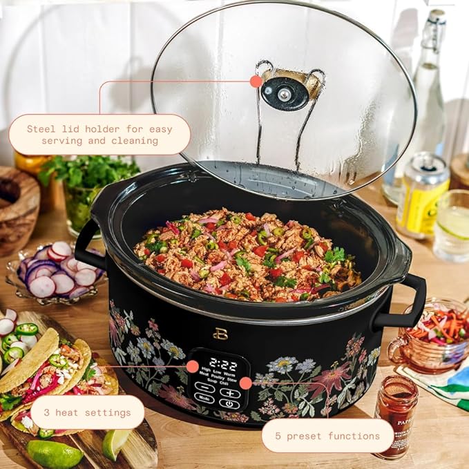 Beautiful 6 Quart Programmable Slow Cooker by Drew Barrymore ??Large Capacity, Ceramic Removable Pot, Tempered Glass Lid, Dishwasher Safe, Auto Keep Warm (Wildflower Black Sesame)