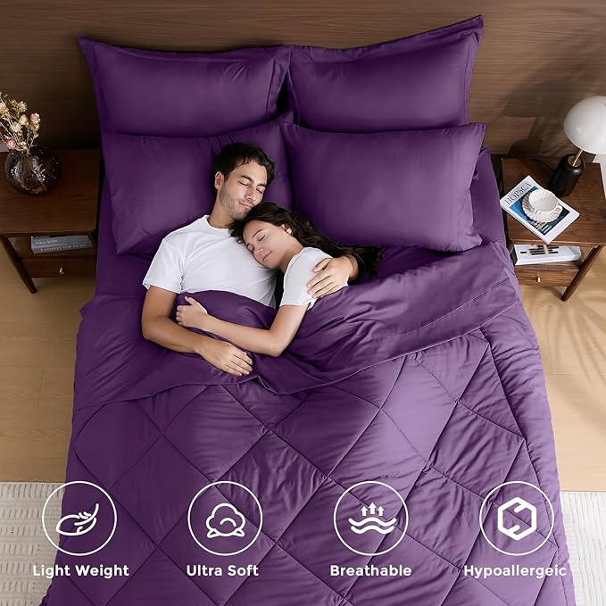 HEVUMYI Grape Purple Full Comforter Set - 7-Piece All Season Bed in a Bag Full, Ultra Soft Bedding Set with Comforter, Flat Sheet, Fitted Sheet, Pillowcases, Pillow Shams