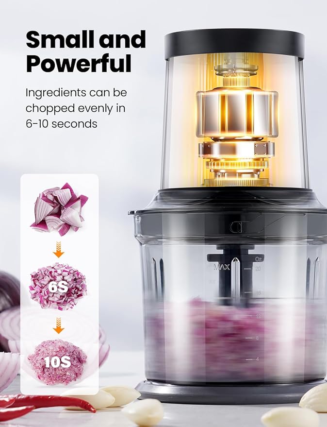 Food Processor 4 Cup, Electric Food Chopper, ?�Small but Powerful?‘Meat Grinder with 2 Bowls, 2 Speed & 4 Blades for Vegetable, Meat, Nuts, Functions for Chopping, Dicing, Mixing and Puree