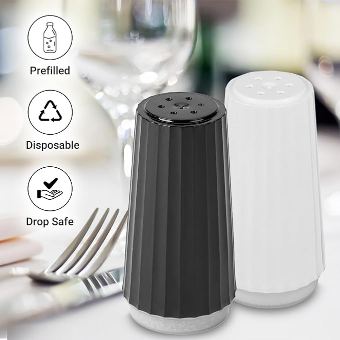 Disposable Salt and Pepper Shakers by Global Basics - Plastic Shaker Sets for Parties, Restaurants, Picnics, Cookouts - Prefilled Salt and Pepper Shakers with 4oz. Salt, 1.5oz. Pepper - 24-Pack