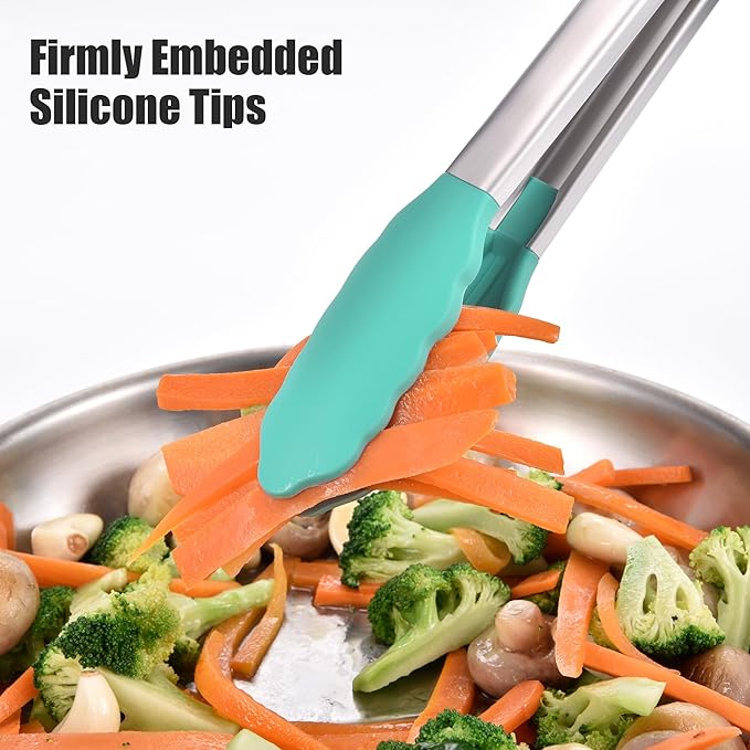 Doosu Kitchen Tongs for Cooking - 600째F Heat Resistant Food Tong with Non-Scratch Silicone Tips, Heavy Duty Stainless Steel Locking Tong for BBQ, Grilling Steak, Serving Salad, Pasta (12in, Aqua Sky)