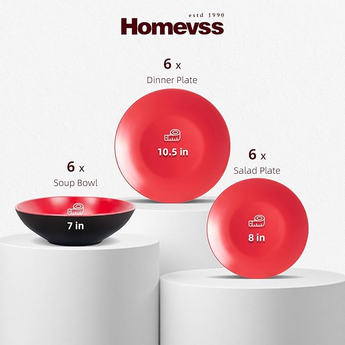 Stoneware Two-Tone Colors Life 18pc Dinner Set竊똎utside Shiny Black + Inside Matte Glaze Red