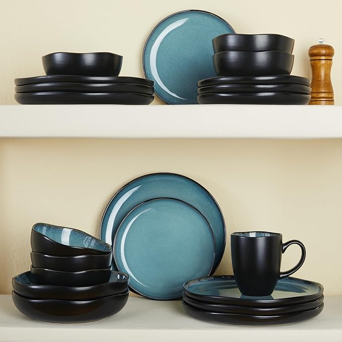 18 Piece Dinnerware Sets for 6, Green Black Reactive Glaze Stoneware | Irregular Artisan Style for Family Dinners, Weekend Gatherings | Scratch?멢esistant, Microwave & Dishwasher Safe