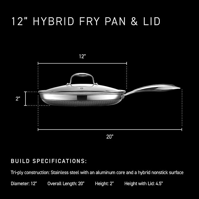 HexClad Hybrid Nonstick 12-Inch Frying Pan with Tempered Glass Lid, Stay-Cool Handle, Dishwasher-Friendly, Oven-Safe Up to 900째F, Induction Ready, Compatible with All Cooktops