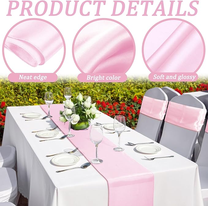 Bencailor 24 Pcs Blush Pink Satin Table Runner Bulk 12 x 108 Inches Long Table Runners Bright Smooth Fabric Tablecloth for Wedding Banquet Birthday Valentines St Patrick's Day Party Decorations