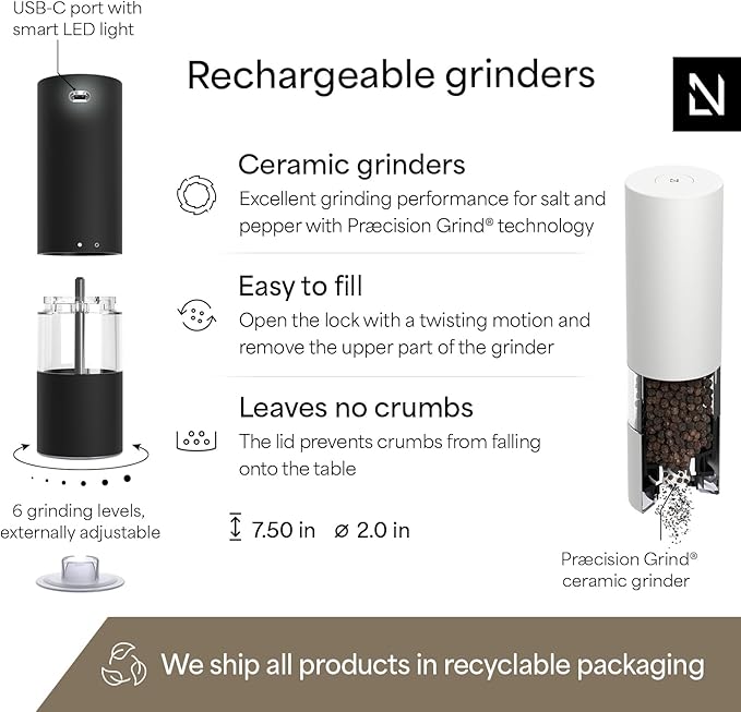 LARS NYS횠M Electric Salt and Pepper Grinder Set I Automatic Salt and Pepper Mills with Adjustable Ceramic Grinder I USB Rechargeable Electric Spice Mill Set with LED Light (Black/White)