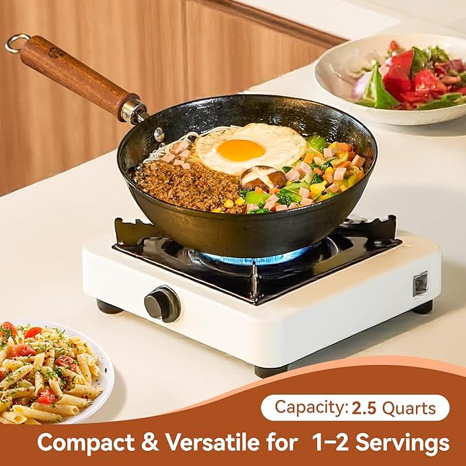WANGYUANJI 9.5 Inch Cast Iron Wok with Glass Lid ??Small Flat Bottom Stir Fry Pan with Wooden Handle, Non-Coated Cookware for Gas & Open Flame