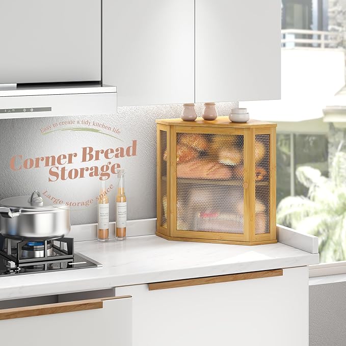 Corner Bread Box Kitchen Countertop Extra Large Capacity Farmhouse Bread Box, Corner Countertop Storage, Double Layer Bread Holder (Natural, Extra Large)