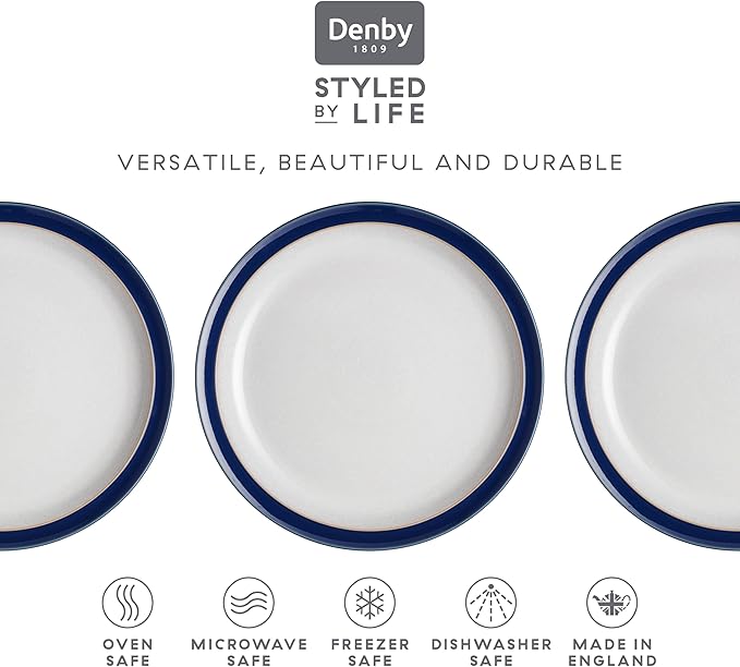 Denby - Elements Dark Blue Medium Plates Set of 4 - Contemporary Design - Ceramic Stoneware Tableware - Dishwasher & Microwave Safe - 8.6in Scratch Resistant Everyday Lunch, Salad Plates