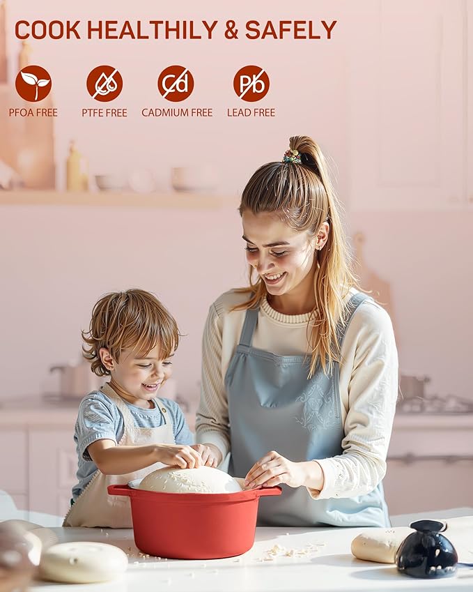 Enameled Cast Iron Dutch Oven ??4.4 Quart Pot with Lid & Potholders ??Heavy-Duty Cookware for Bread Baking, Braising, Stews & Roasting ??Oven & Stovetop Safe up to 500째F ??Red