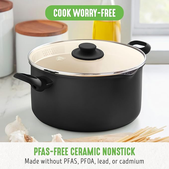 GreenLife 6QT Ceramic Nonstick Stockpot with Glass Straining Lid, PFAS-Free, Dishwasher Safe, Stay-Cool Handles, Oven Safe to 350째F, Wobble-Free Base, Even Heating, Black