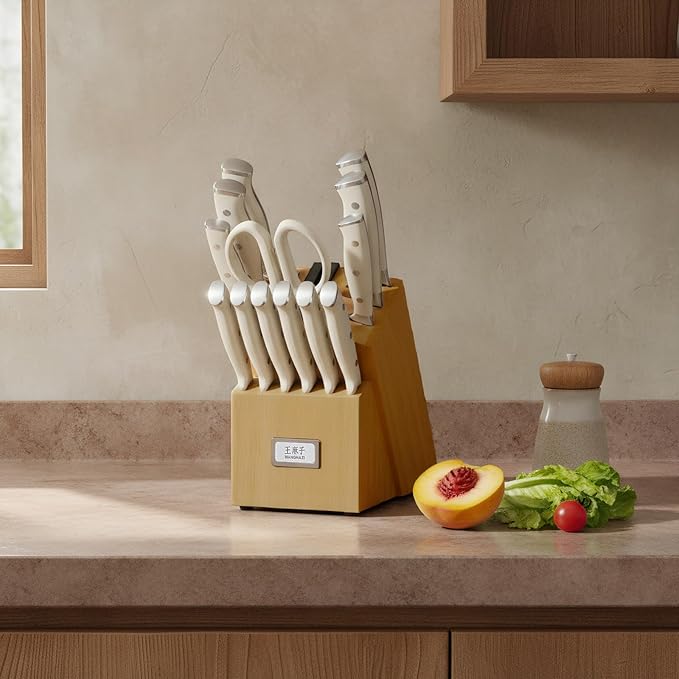 Premium Chef Knife Set High Carbon Stainless Steel Ergonomic Triple Rivet Handle Sharp Knife Set for Kitchen Hundreds of Years of Masterful Craftsmanship(Ivory Pro,15PCS)