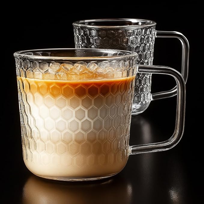 Aquach 16 Oz Glass Coffee Cups, Clear Tea Mugs with Handle, Microwave and Dishwasher Safe Home Office Drinking Mugs Perfect for Americano Cappuccino Hot&Cold Beverages, 2-Pack