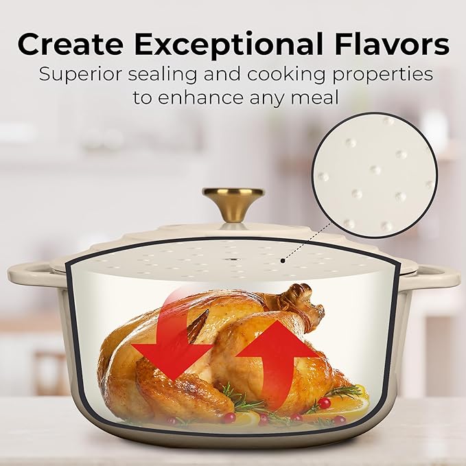 Zulay Kitchen 6 Quart Enameled Cast Iron Dutch Oven Pot with Lid ??Premium Durability & Oven Safe up to 500째F ??Heavy Duty Cookware Perfect for Bread Baking, Stews, Braising & Roasting ??Ivory