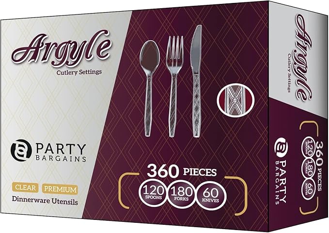 Party Bargains Clear Plastic Cutlery 360 pcs: 180 Forks, 120 Spoons, 60 Knives. Argyle Design, Heavy Duty & Solid Disposable Silverware Utensils Combo Pack Set for Weddings, Buffets, Luncheons