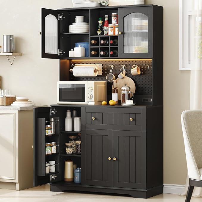 ONBRILL 71" Kitchen Pantry Cabinet with Microwave Shelf & Door Shelves, Kitchen Hutch with Outlet & LED Light, Wood Pantry Storage with DIY Pegboard & 6 Hook, Modern Cabinet with Drawer & Wine Rack
