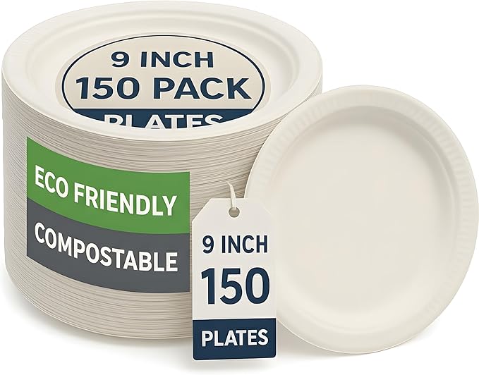 9 Inch Compostable Paper Plates ??150 Pack | Eco-Friendly Disposable Plates | Sturdy, Tree-Free, Heat & Leak Resistant Alternative to Plastic Plates