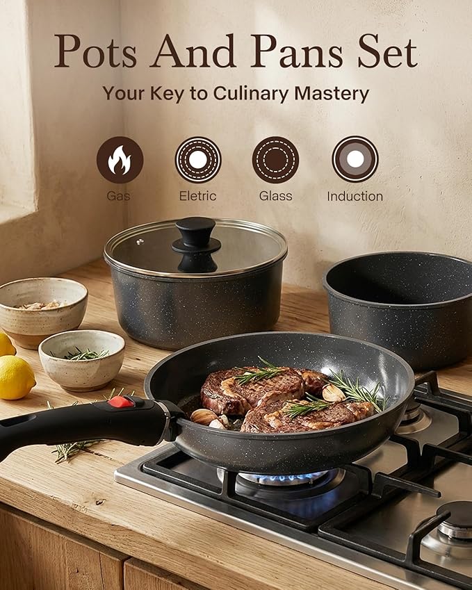 21Pcs Ceramic Pots and Pans Set Non Stick, Kitchen Cookware Set with Detachable Handles, Non Toxic Healthy Cooking Set, Induction Dishwasher Oven Safe, PTFE PFOA PFOS Free, Black