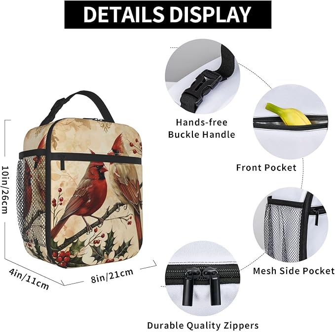 VANZEV Elegant Cardinal Bird Print Insulated Lunch Box Gifts for Kids Adults Graceful Red Animal Design Reusable Portable Lunchbox Cooler Lunchbag for Work Picnic School Travel or Hiking