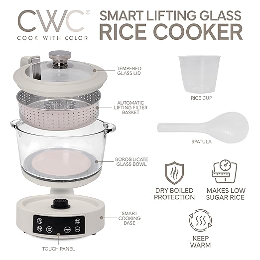 COOK WITH COLOR 3L Glass Mini Low Carb Rice Cooker ??Holds 2 Cups Raw/Makes 6 Cups Cooked with Auto Lift Filter Basket, Hotpot & Steamer for Rice, Grains, Digital Panel with Keep Warm, Cream