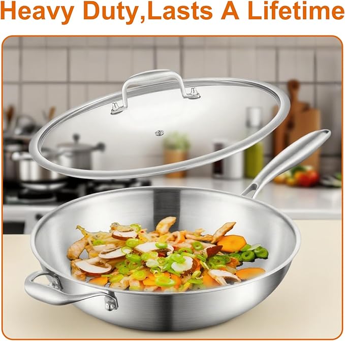 DELARLO Tri-Ply Stainless Steel Wok, 12 Inch Healthy Non-Toxic Cooking Wok Pan with Lid, With Side Ear, Wide & Deep Cookware Stir-Fry Pans, Dishwasher and Oven Safe Up To 600째F, Works on Induction