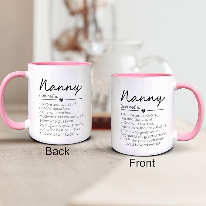 QASHWEY Nanny Definition Coffee Mug, Nanny Grandma Mother's Day Birthday Gifts for Granddaughter Grandson, Best Grandma Nanny Gifts Double Side Printed Ceramic Mug Cup 11 Ounce(Pink)