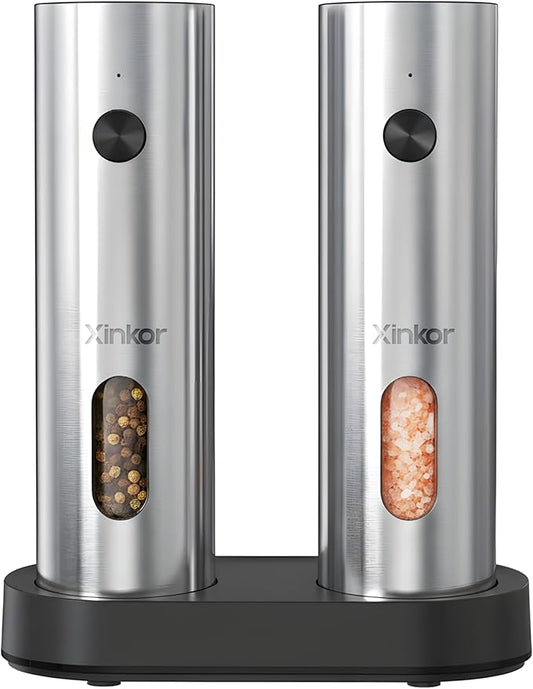 Electric Salt and Pepper Grinder Set with USB-C Rechargeable Base, Large Capacity Stainless Steel Mills with Durable Ceramic Burr, Adjustable Coarseness, LED Light, Refillable, for Kitchen BBQ