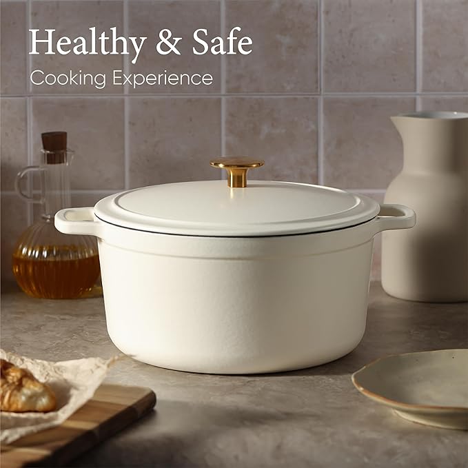 CAROTE 5QT Enameled Cast Iron Dutch Oven Pot with Lid, Heavy-Duty Dutch Oven for Sourdough Bread Baking, Braising, Stews, Roasting, Healthy & Non-Toxic, Dual Handles, All Stovetop Compatible, Oven Safe up to 500째 F, Cream White
