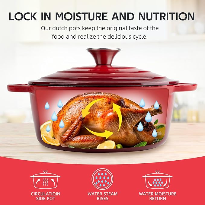4.5 Quart Dutch Oven Enameled Cast Iron with Lid - Big Dual Handles - Oven Safe up to 500째F - Classic Round Pot for Versatile Cooking Red