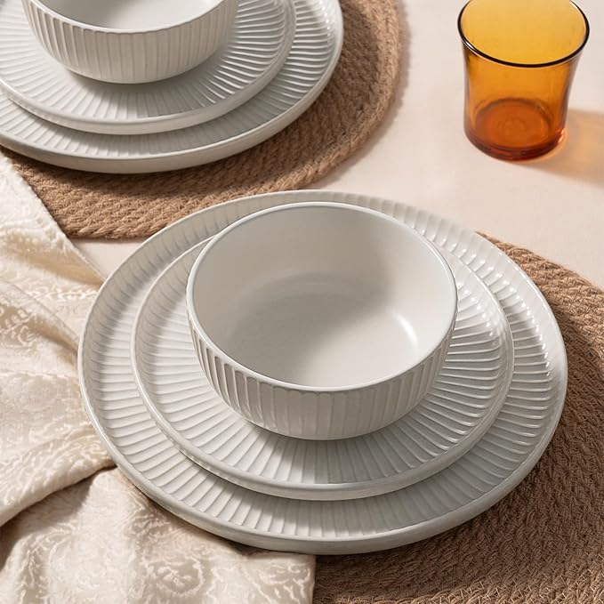 Famiware Starlight Plates and Bowls Dishes Set of 6 (18 Pieces), Ribbed Textured Stoneware Dinnerware Sets- Dishwasher & Microwave Safe, Chip Resistant, Matte Reactive White