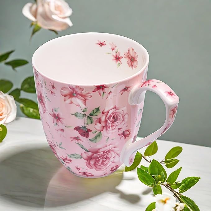 14oz Bone China Coffee Mugs for Women Floral Coffee Mug Tea Cups Novetly Coffee Cups Gift for Women Mom Friends (Pink rose)