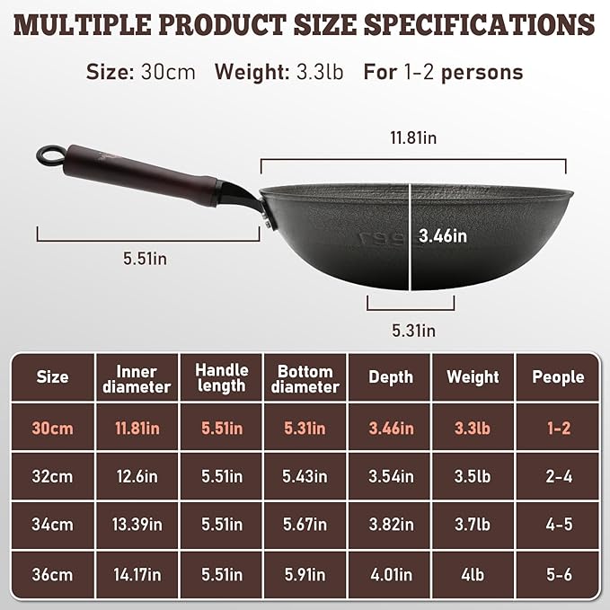 HONGJIANG Cast Iron Wok Pan, 11.8" Pre-Seasoned Flat Bottom Wok,Coating-Free Wok Stir Fry Pan With Glass Lid,Compatible Traditional Chinese Wok For Induction, Electric, Gas,Open Fire