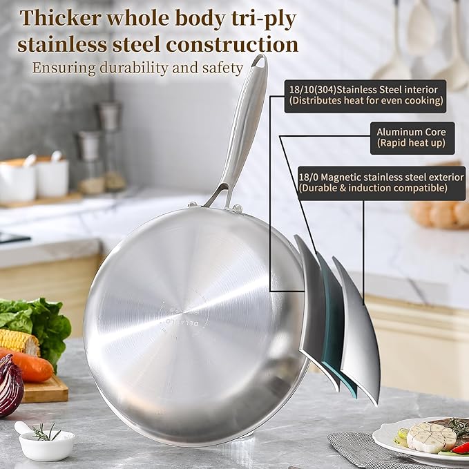 DELARLO Tri-Ply Stainless Steel Frying Pan, All Cooktops Compatible Up to 600?? Oven Safe Induction Skillet, 12.5 inch Non toxic Cooking Surface, Fast & Even Heat, Durable Cookware