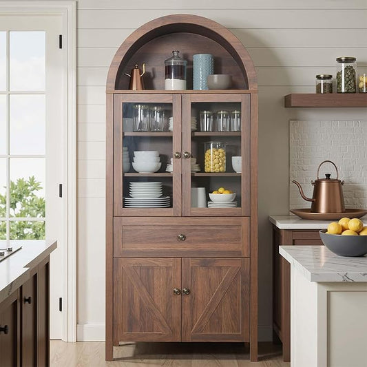 71" Tall Arched Cabinet, Arched Kitchen Pantry with Glass Doors & Shelves, Modern Display Storage Cabinets with Drawers, Wooden Pantry Cabinet for Living Room, Dining Room or Kitchen, Walnut
