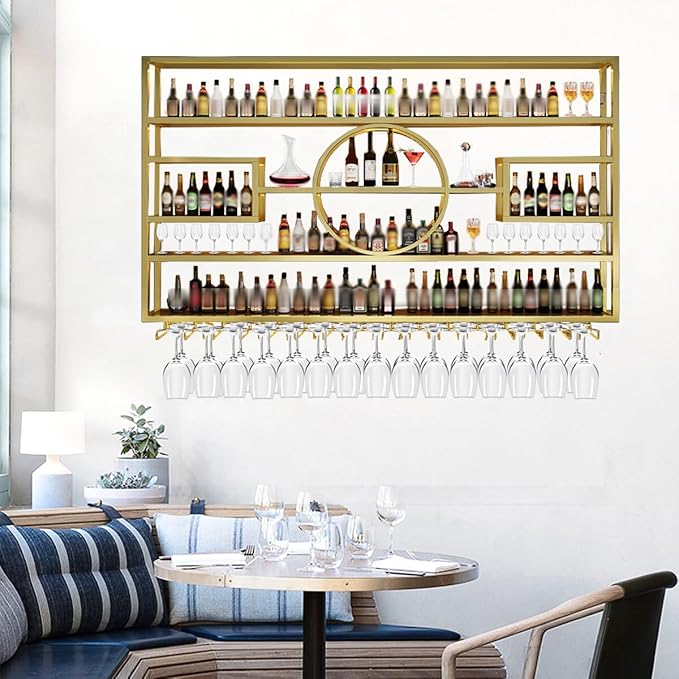 55in Wine Rack Wall Mounted, Large Capacity Hanging Wine Bottles Display Shelf with Glasses Holder, 4 Tier Industrial Bar Liquor Storage Shelves for Home Bar Kitchen,Living Room (Gold, 140cm)
