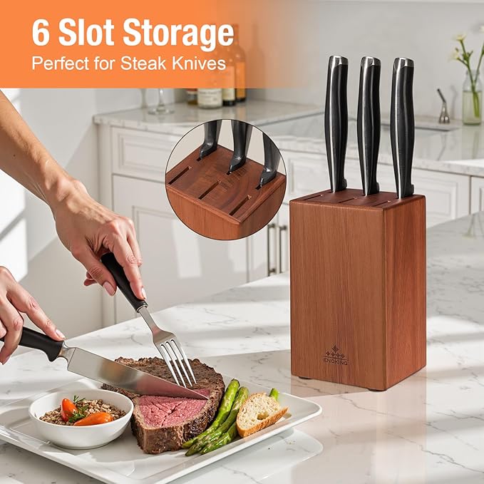ENOKING 5.5" Steak Knife Block without Knives竊똀cacia Wood Knife Holder with 6 Slot, Small Knife Storage for Home/Kitchen