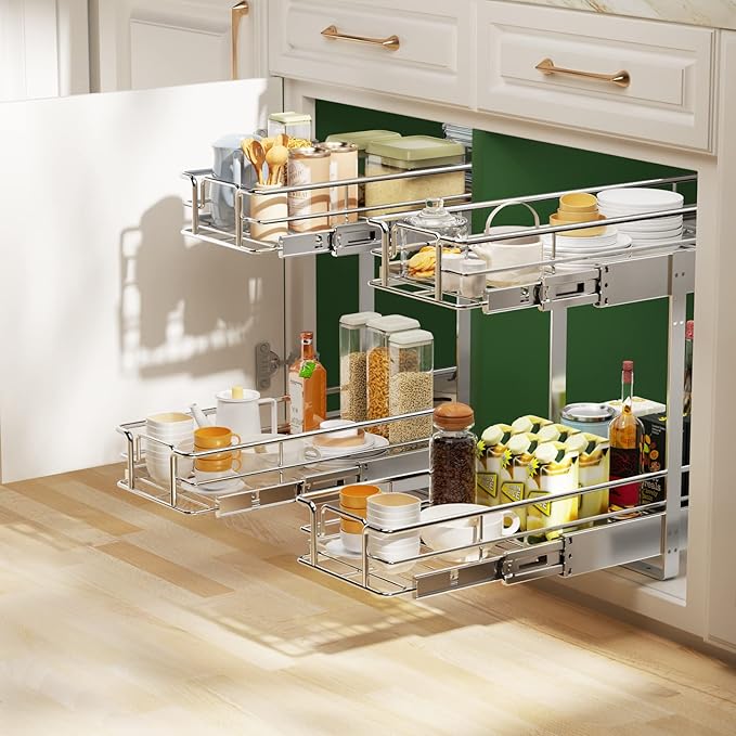 LOVMOR 2 Tier Individual Pull Out Cabinet Organizer 9" W x 21쩍" D, Slide Out Kitchen Cabinet Storage Sliding Shelves