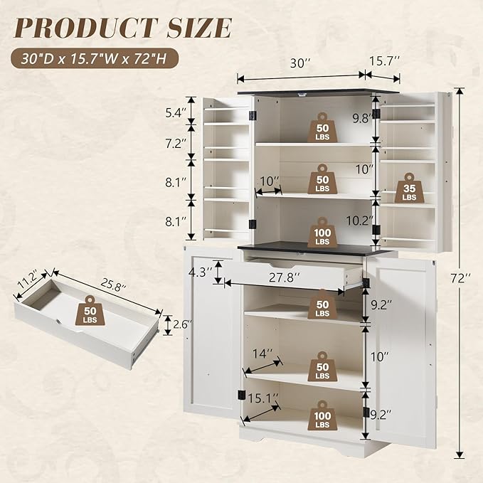 VanAcc 72" Tall Farmhouse Kitchen Pantry Cabinet with Door Organizer & Adjustable Shelves, Wooden Storage Cupboard with Drawer and Barn Doors for Kitchen, Dining Room, Living Room, Distressed White