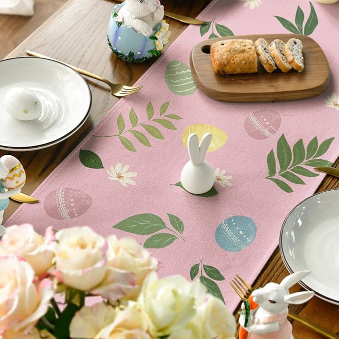 Artoid Mode Pink Bunny Eggs Leaves Flowers 210 GSM Easter Table Runner, Seasonal Spring Kitchen Dining Table Decoration for Home Party Decor 13x90 Inch