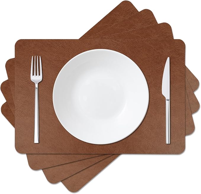 EDanle Cowhide Pattern Faux Leather Placemats Set of 4,Heat Resistant Non-Slip Waterproof Wipeable Washable Kitchen Dining PU Table Place Mats,Double-Sides Available,Dark Coffee