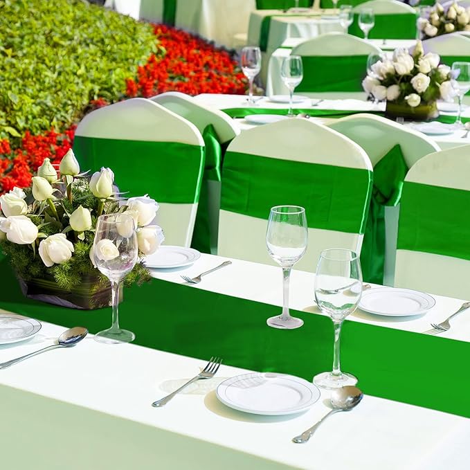 Bencailor 24 Pcs Emerald Green Satin Table Runner Bulk 12 x 108 Inches Long Table Runners Bright Smooth Fabric Tablecloth for Wedding Banquet Birthday Valentines St Patrick's Day Party Decorations