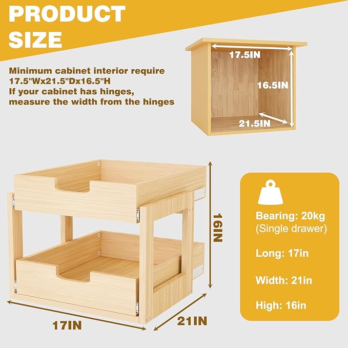 Pull Out Cabinet Organizer, 17''W횞21''D횞16''H Soft Close Slide Out Wooden Pull out Drawers, Double Tier Slide out Wood Cabinet Organizer, for Base Cabinet Organization in Kitchen, Pantry, Bathroom