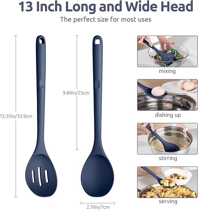 600쨘F Heat Resistant Silicone Spoons: U-Taste 13.3in Solid & Slotted Kitchen Cooking Spoon, Nonstick Long Rubber Utensil, Sturdy for Mixing, Serving, Stirring, Draining (Midnight Blue, 2PCS)