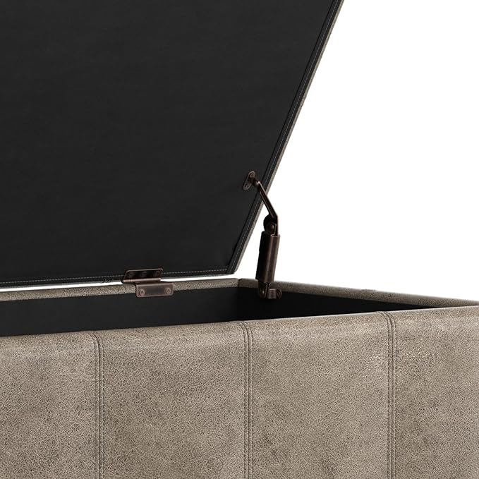 SIMPLIHOME Dover Storage Ottoman Bench - 36 inch Wide Upholstered Vegan Leather Rectangular Lift-Top Ottoman in Distressed Smoky Grey Brown, Contemporary Bench for Living Room with Safety Hinges
