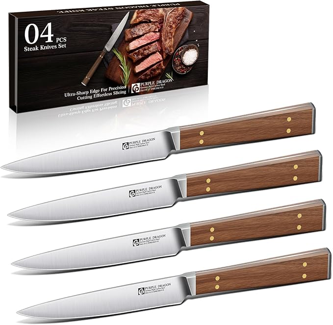 Purple Dragon Steak Knives Set of 4 - Smooth Edge Non-Serrated Blade with Square Wooden Handle ??Elegant, Balanced, High Carbon German Steel - Christmas Gift for Men and Women